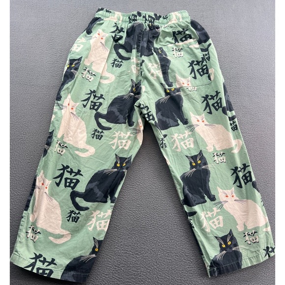 Kidoriman Pajama Pants Lounge Womens Sz M Green Cats Japanese Kanji Drawstring - Picture 9 of 14